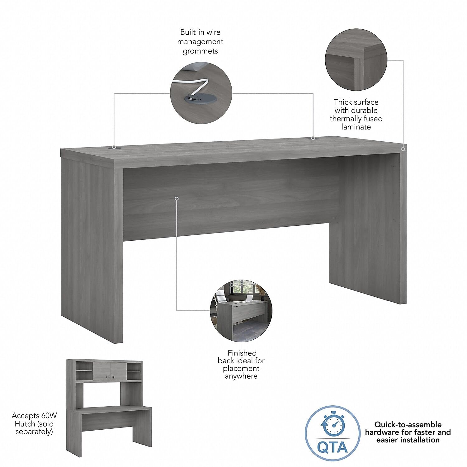 Office by kathy ireland Echo 60-inch W Credenza Desk, Modern Gray (KI60406-03) - WoodArtSupply