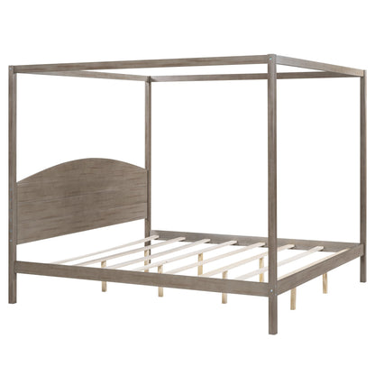 BOVZA King Size Canopy Bed, Wood 4-Post Canopy Platform Bed Frame with Headboard and Slat Support for Kids Teens Adults, Brown Wash