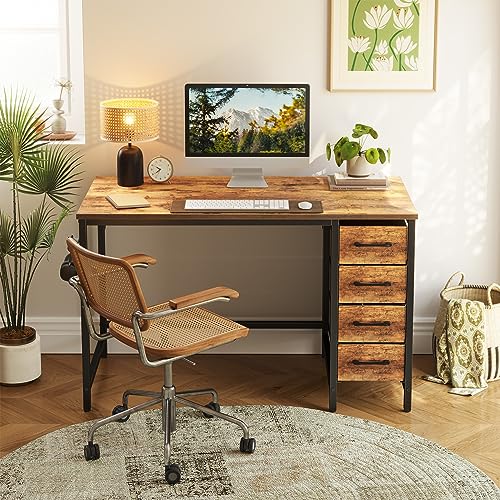 CubiCubi 47 Inch Computer Desk with 4 Drawers, Home Office Small Desk with Storage, Modern Study Writing Desk, Rustic Brown - WoodArtSupply