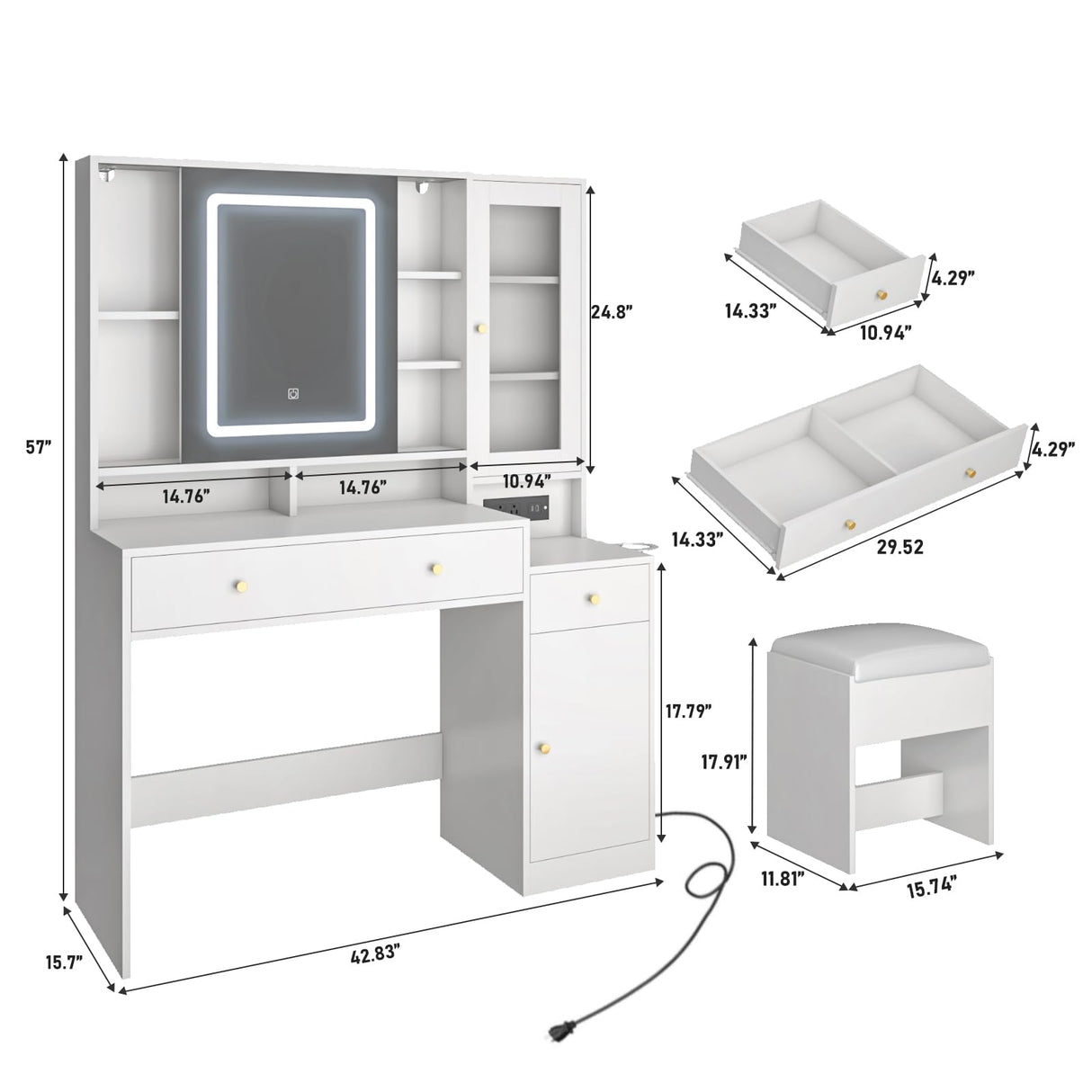 Vanity Desk with Lights & Sliding Mirror, Modern Vanity Makeup Mirror Desk with Charging Station 2 Drawers 2 Doors, Lots Storage Shelves, Large Vanity Set with Cushioned Stool for Girls & Women, White jiteentarou