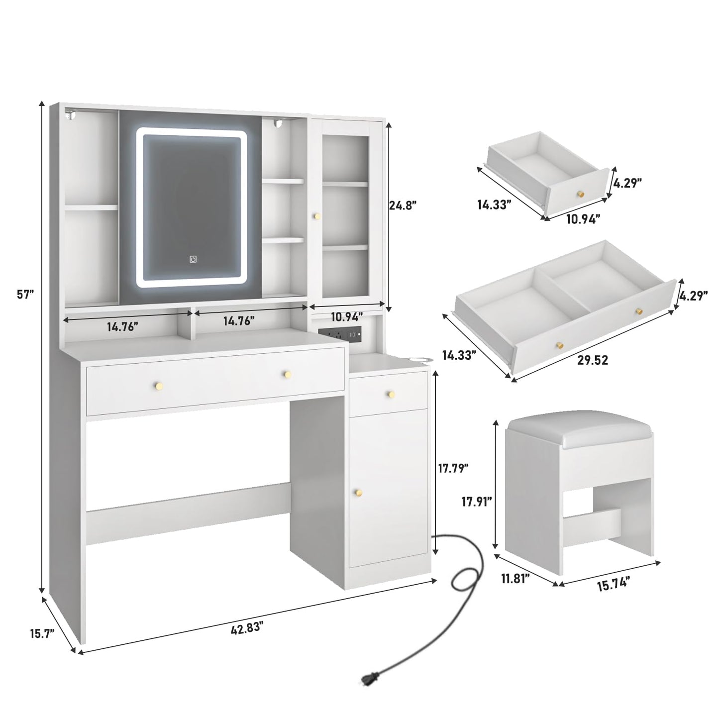 Vanity Desk with Lights & Sliding Mirror, Modern Vanity Makeup Mirror Desk with Charging Station 2 Drawers 2 Doors, Lots Storage Shelves, Large Vanity Set with Cushioned Stool for Girls & Wom - WoodArtSupply