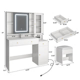 Vanity Desk with Lights & Sliding Mirror, Modern Vanity Makeup Mirror Desk with Charging Station 2 Drawers 2 Doors, Lots Storage Shelves, Large Vanity Set with Cushioned Stool for Girls & Women, White jiteentarou