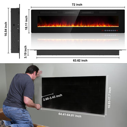 BREEZEHEAT 72inch Electric Fireplace Recessed Wall Mounted-Ultra Thin Fireplace Heater for Living Room/Bedroom with 2 Heat Vents, Remote Control, Touch Screen, Adjustable Flame, 8H Timer, 750w/1500w