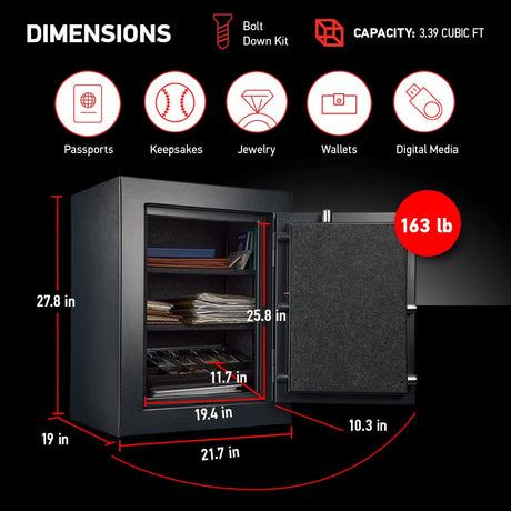 SentrySafe Fireproof and Waterproof XX-Large Black Steel Home Safe, DOJ-Certified with Digital Keypad Lock for Guns or Documents, 3.39 Cubic Feet, 27.8 x 21.7 x 19 Inches, EF3428E SentrySafe