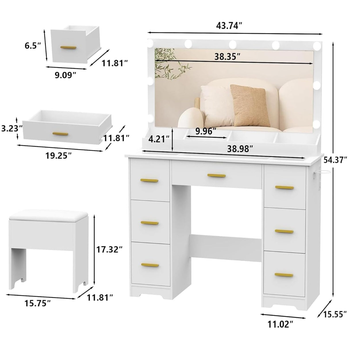 METOTI Vanity Desk with 38" Large Mirror and 9 LED Lights & Glass Top and Power Outlet, Adults Makeup Vanity with Chair and 7 Storage Drawers, Dressing Table Set for Bedroom, Modern White METOTI