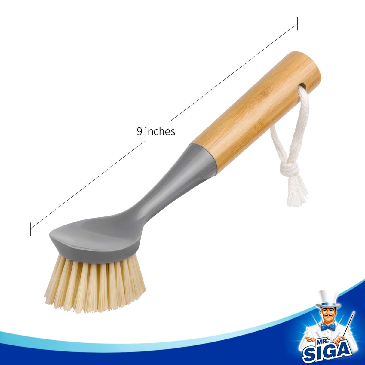 MR.SIGA Dish Brush with Bamboo Handle Built-in Scraper, Scrub Brush for Pans, Pots, Kitchen Sink Cleaning, Pack of 2 MR.SIGA