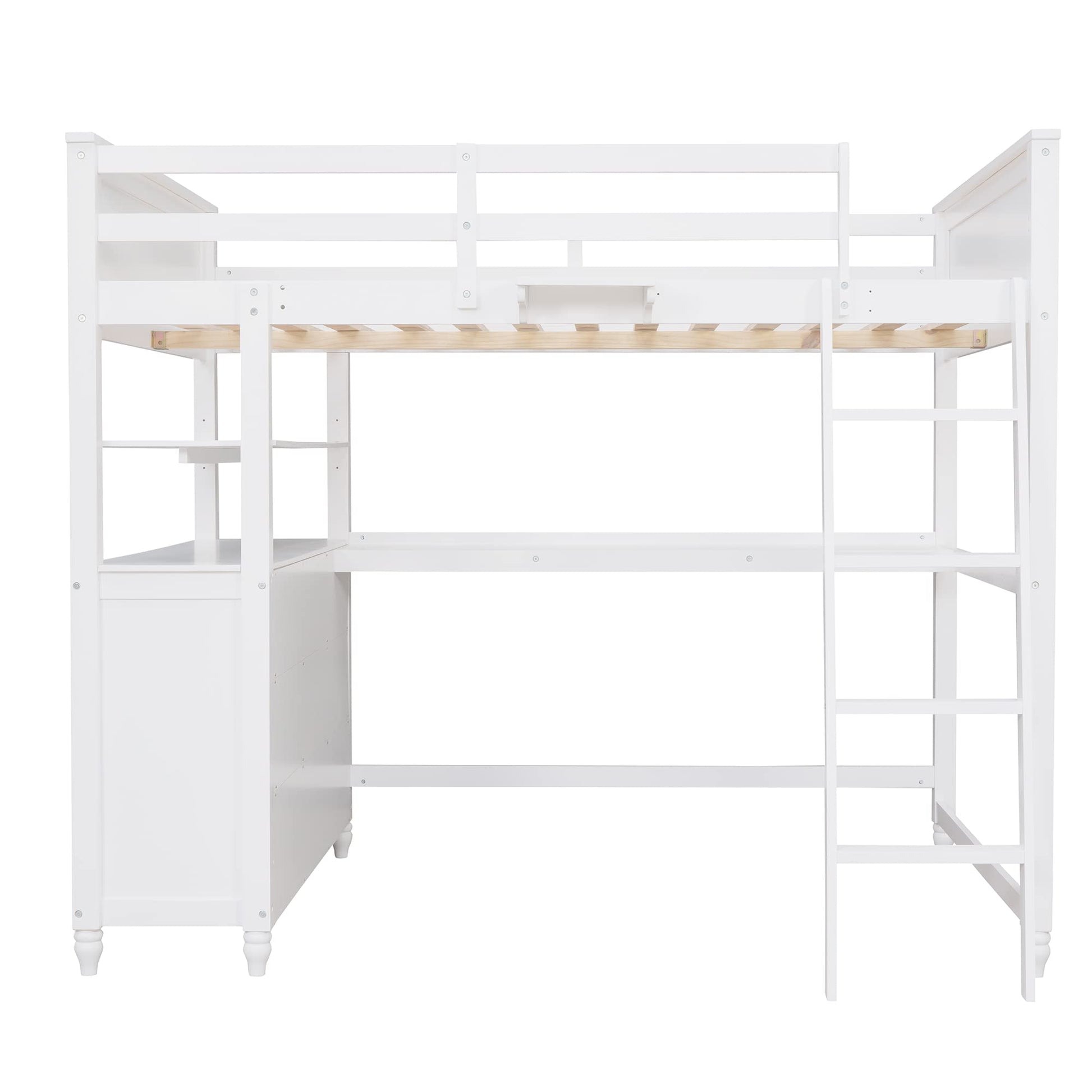 Full Size Solid Wood Loft Bed with Desk, Storage Drawers, and Safety Guardrails - White - WoodArtSupply