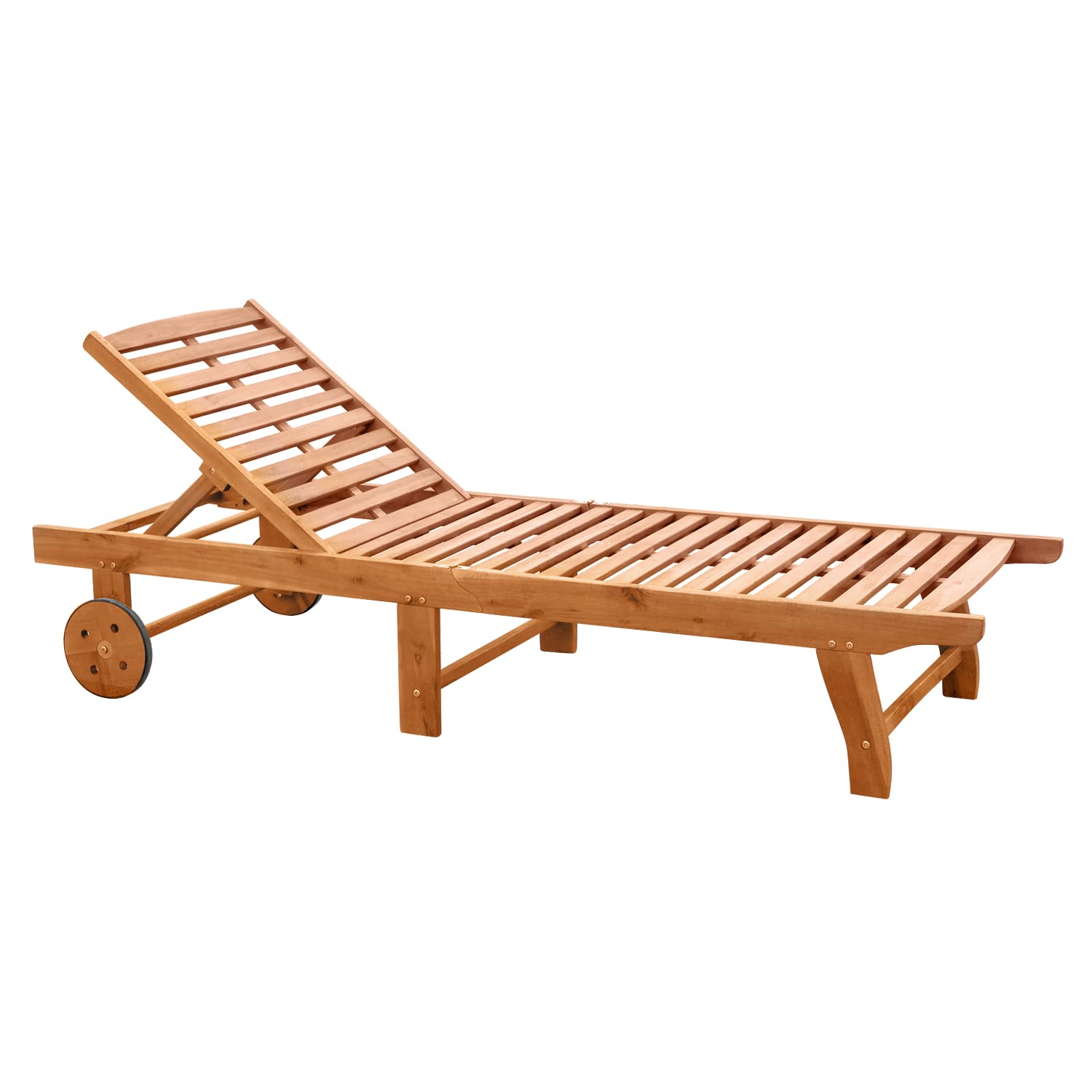 Outsunny Outdoor Folding Chaise Lounge Chair Recliner with Wheels, Acacia Wood Frame - Teak Color - WoodArtSupply