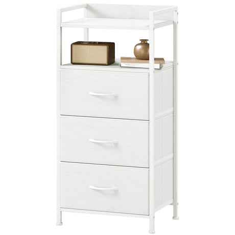 Somdot Nightstand with 3 Drawers, Dresser with Fabric Bins for Bedroom, Hallway, Entryway, Nightstand Bedside Table Furniture, Sturdy Steel Frame, Wooden Top, Easy Pull Fabric Bins, White Leather Somdot