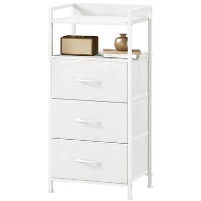 Somdot Nightstand with 3 Drawers, Dresser with Fabric Bins for Bedroom, Hallway, Entryway, Nightstand Bedside Table Furniture, Sturdy Steel Frame, Wooden Top, Easy Pull Fabric Bins, White Leather