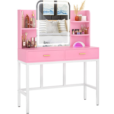 armocity Vanity Desk with Mirror and Lights, Makeup Vanity with 2 Storage Drawers, Vanity Table Set with 3 Color Lighting Options, Modern Dressing Table with Storage Shelf for Bedroom, Pink armocity