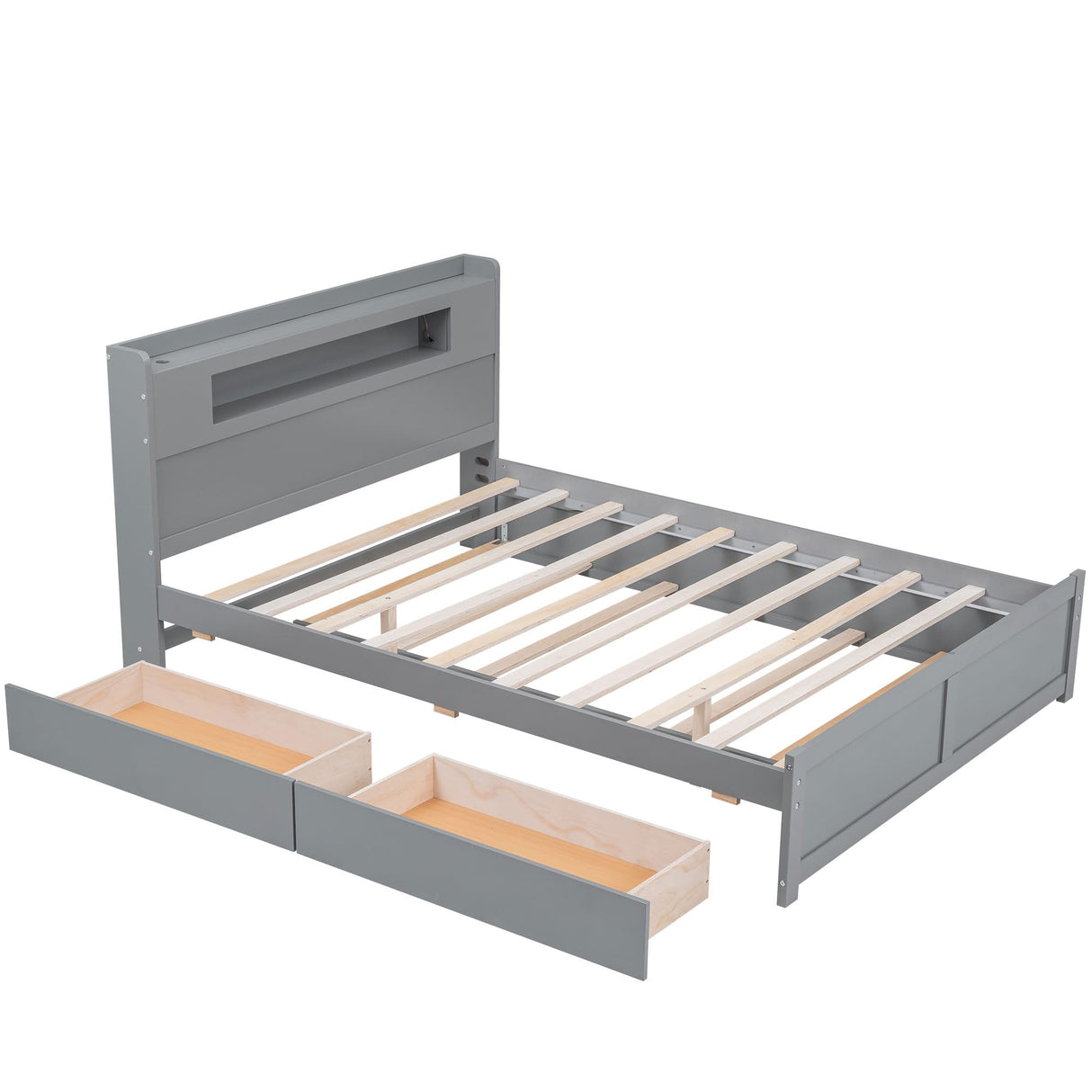 Merax Queen Size Wood Captain Platform Bed Frame with Storage LED Headboard,2 Drawers and 1 Twin Size Trundle,Grey Merax