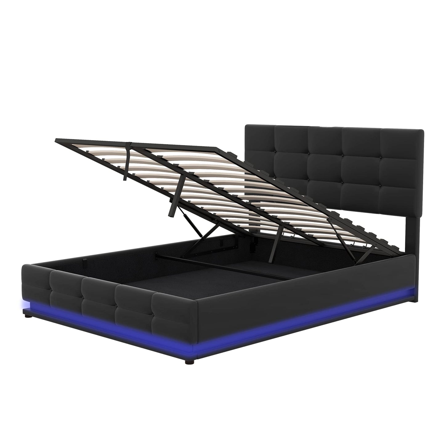 Harper & Bright Designs Full Size Lift Up Storage Bed with LED Lights and USB Charger, Black Faux Leather - WoodArtSupply