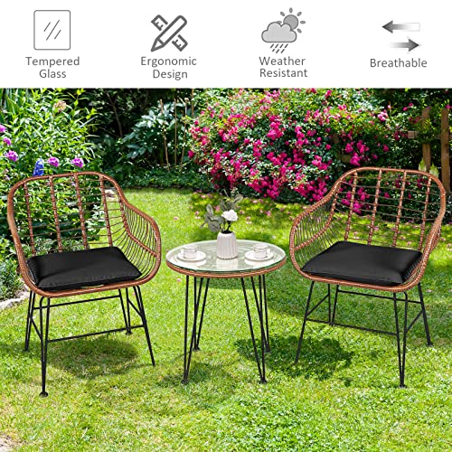 Tangkula 3 Pieces Patio Conversation Bistro Set, Outdoor Wicker Furniture w/Round Tempered Glass Top Table & 2 Rattan Armchairs, Bistro Chat Set w/Seat Cushions for Porch, Backyard, Garden - WoodArtSupply