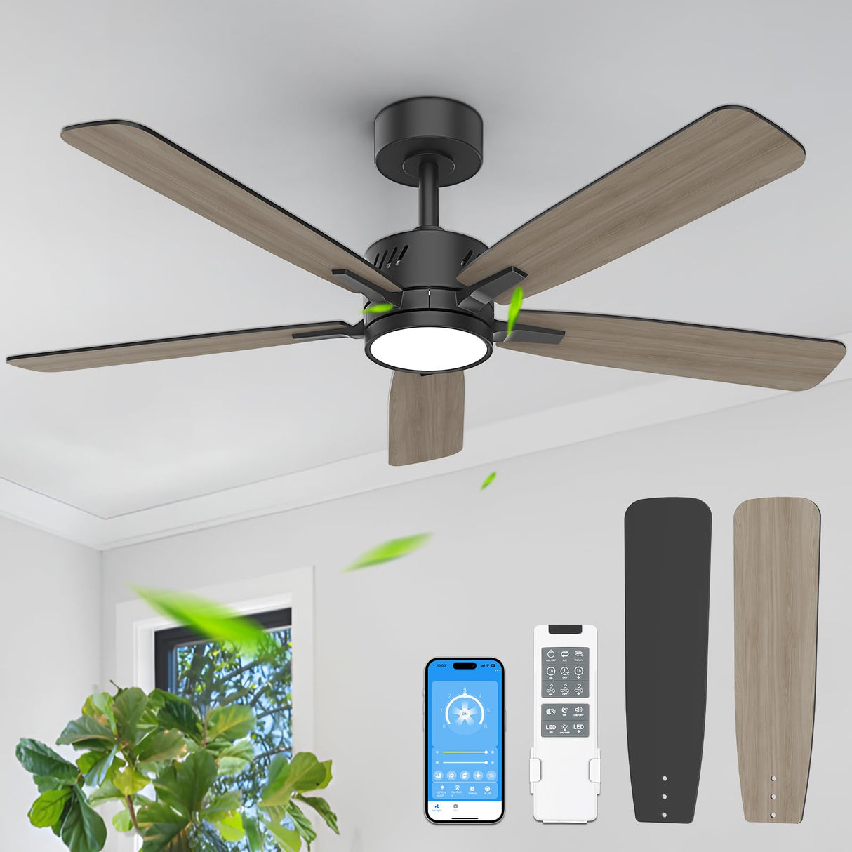 JOFIOS Ceiling Fans with Lights,48 inch Ceiling Fan with Light and Remote,Reversible,3CCT,6-speeds,Dimmable,Noiseless,Black Ceiling Fan for Bedroom, Kitchen,Living Room JOFIOS