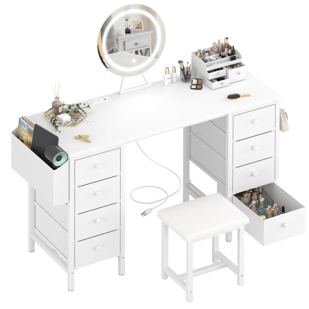 KAI-ROAD Makeup Vanity with Storage and Lighted Mirror - White Vanity Desk with Mirror and Lights, 8 Large Fabric Drawers & Power Outlet, Dressing Table Vanities Chair Set for Girls Bedroom KAI-ROAD