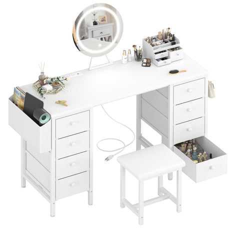 KAI-ROAD Makeup Vanity with Storage and Lighted Mirror - White Vanity Desk with Mirror and Lights, 8 Large Fabric Drawers & Power Outlet, Dressing Table Vanities Chair Set for Girls Bedroom KAI-ROAD