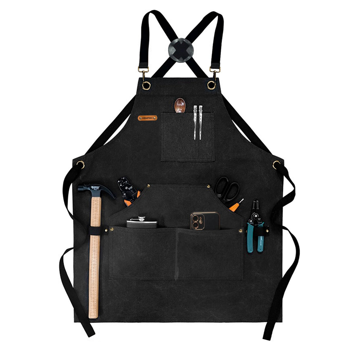 KEMITAC Barbecue Apron For Men, Men Cooking Apron, Work Apron, Gardening Apron, Welding Apron - Waterproof, Fireproof, Adjustable Straps, Many Pockets, Dirt-Repellent - Black Canvas KEMITAC