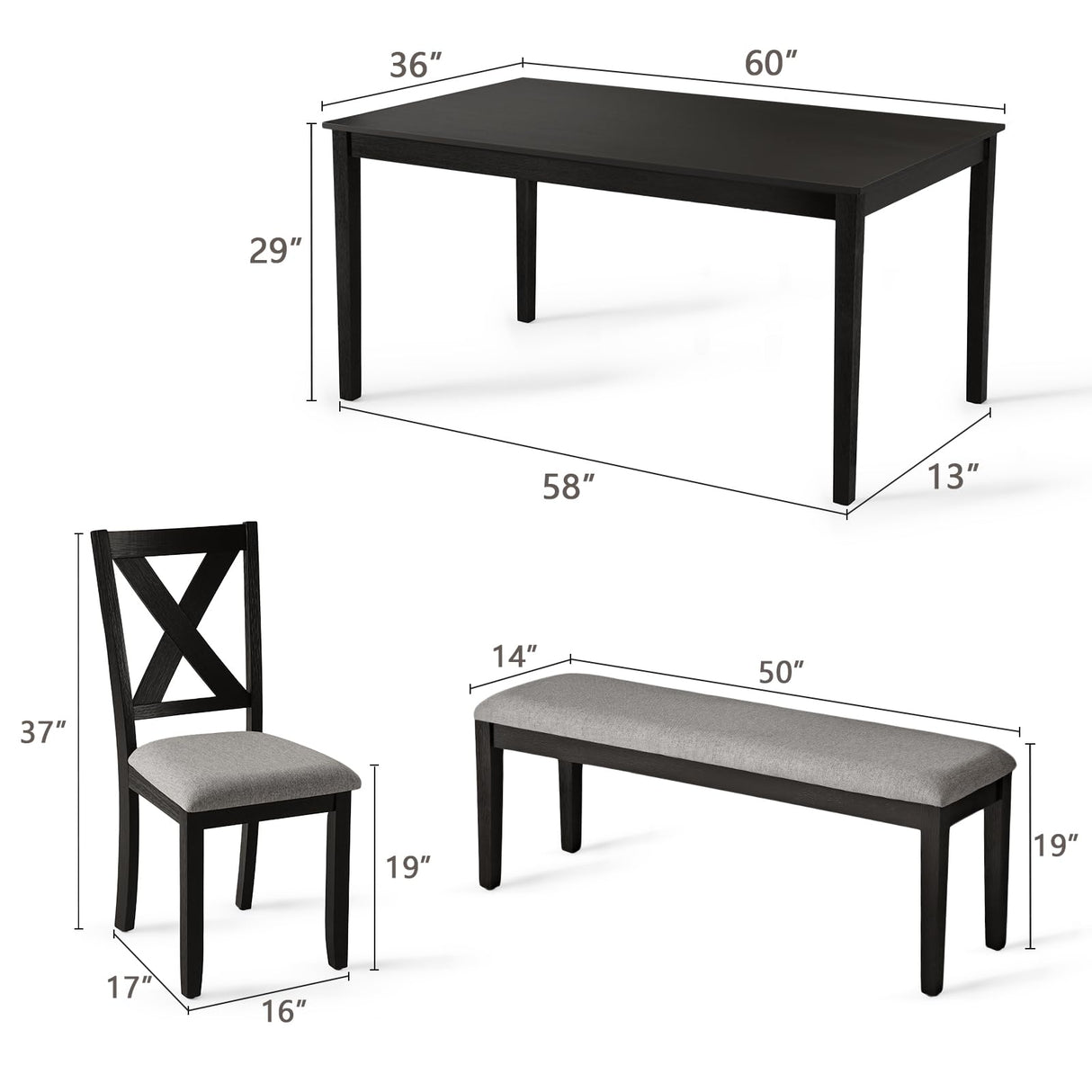 SIMTONAL Modern 6-Piece Dining Set with 4 Upholstered Chairs and Bench – Solid Wood Table Set for Kitchen or Dining Room, Black SIMTONAL