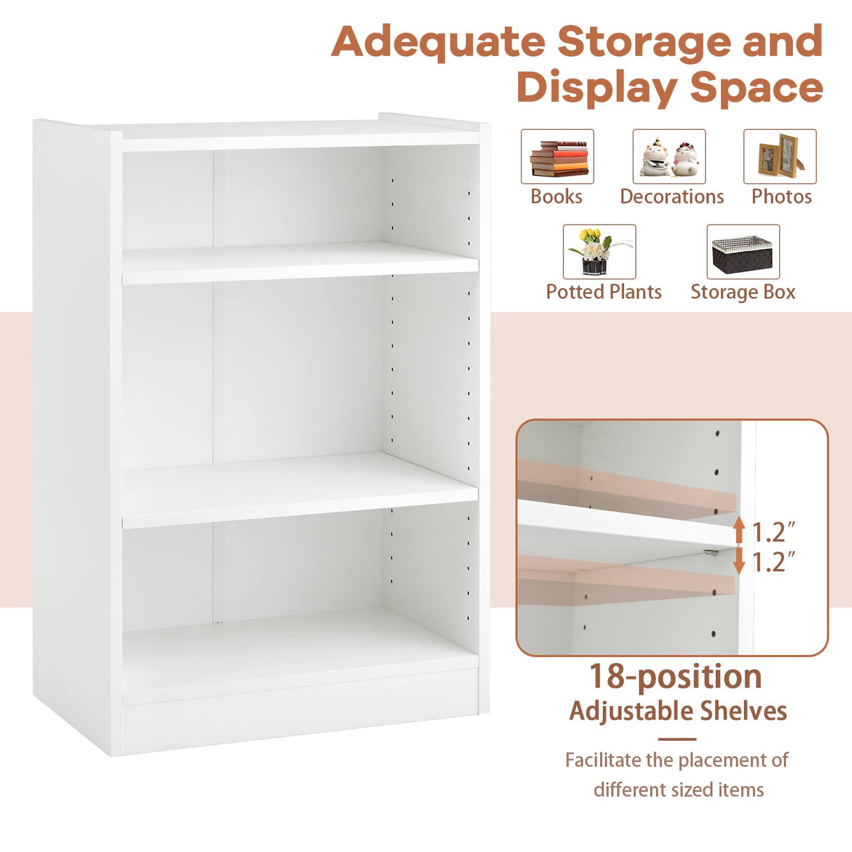 Tangkula White 3-Tier Adjustable Bookshelf with Anti-toppling Device for Modern Storage and Display Tangkula