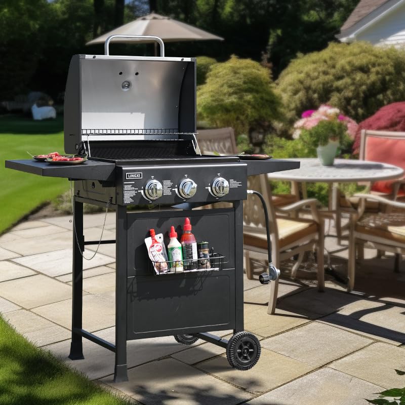 LINGXI grill gas 3-Burner Propane Grill, Gas Grill with front hanging basket, 30000 BTU barbecue grill,gas bbq suitable for Backyard, Outdoor, Patio, Garden.Outside grill. LINGXI