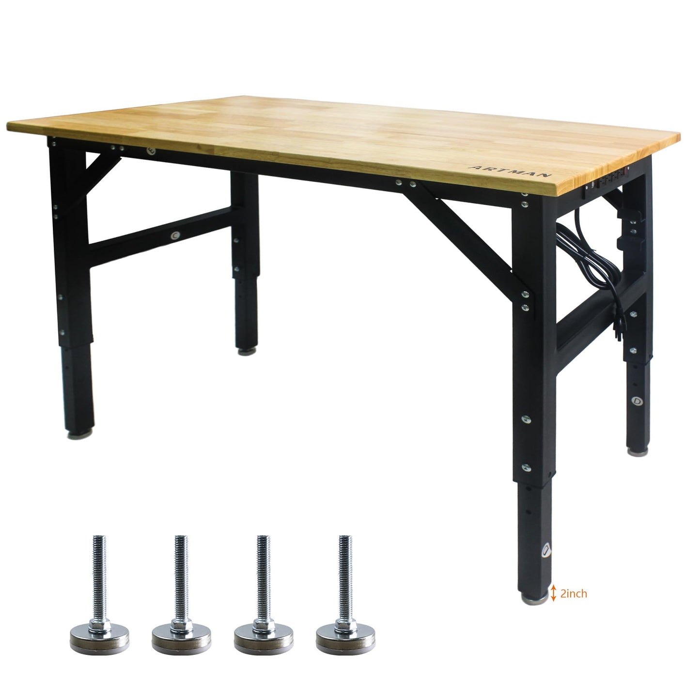 GLCHQ Adjustable Metal Leg Worktable Table Set with Socket and Wooden Top for Office,Living Room,Study (48" * 24") - WoodArtSupply