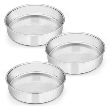 E-far 8 Inch Cake Pan Set of 3, Stainless Steel Round Layer Cake Baking Pans, Non-Toxic & Healthy, Mirror Finish & Dishwasher Safe