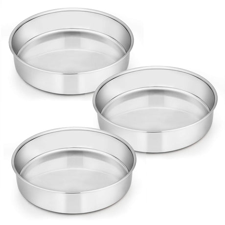 E-far 8 Inch Cake Pan Set of 3, Stainless Steel Round Layer Cake Baking Pans, Non-Toxic & Healthy, Mirror Finish & Dishwasher Safe E-far