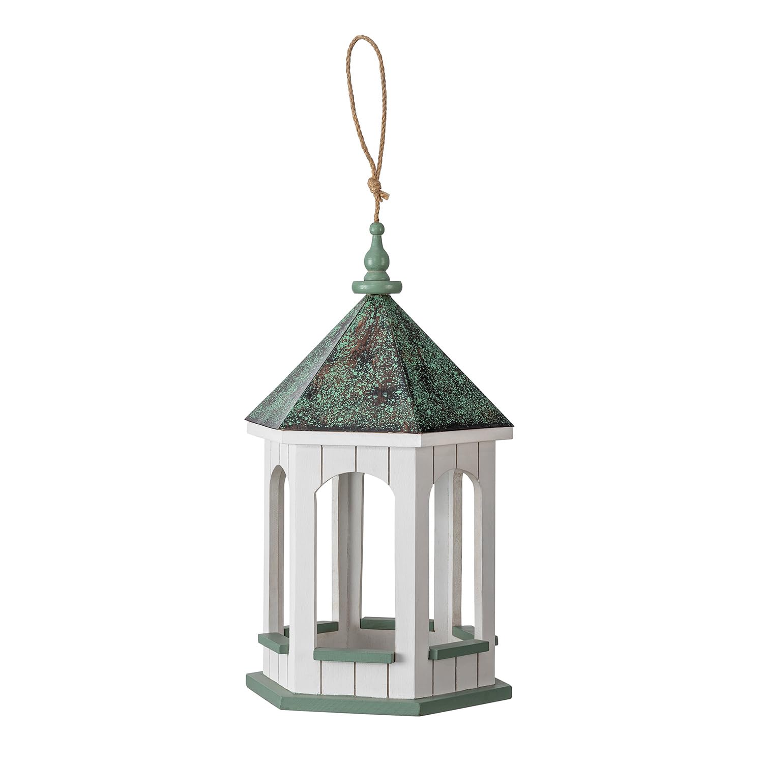 Glitzhome Large Capacity Hanging Bird Feeder,15.75" H Patina Metal Roof Solid Wood Gazebo Tray Bird Feeder for Outdoors Hanging,Supports Cardinals, Finch, Blue Jay,Sparrows and Outside Wild B - WoodArtSupply