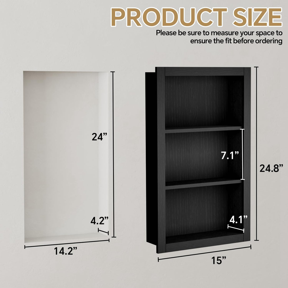 HAIDAIYA 14'' * 24'' Recessed Medicine Cabinet Wall Niche Wood, 3-Tier Bathroom Niche Insert for Drywall, in Wall Shelf Medicine Cabinets Replacement, for Living Room, Bathroom Storage, Black HAIDAIYA