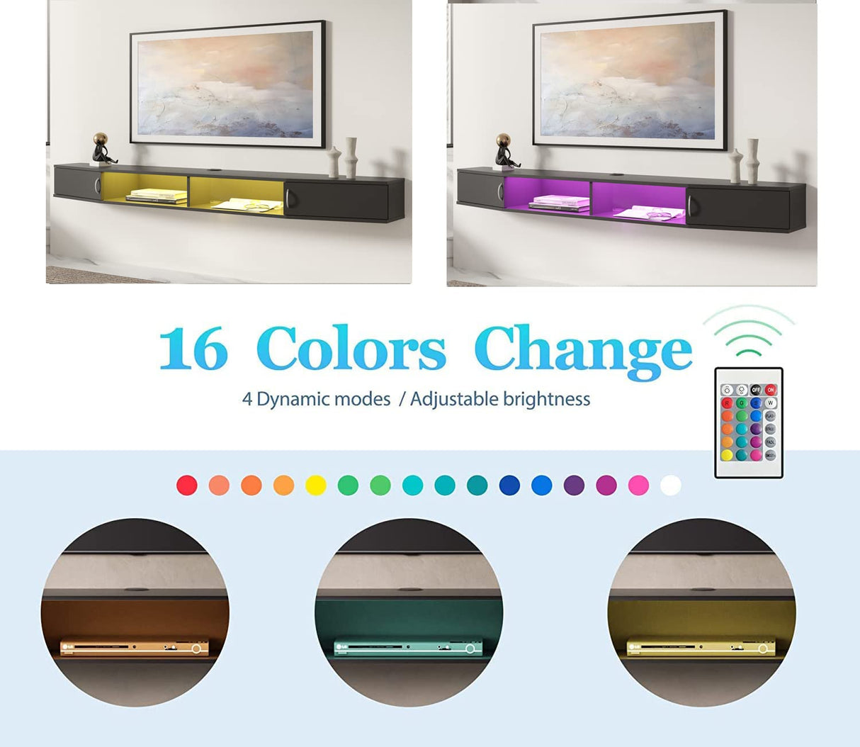 FITUEYES Floating TV Stand Wall Mounted Shelf with 16 LED Lights, Wood Media Console Entertainment Center Under TV, Cabinet Hutch Desk Storage for Home and Office,Black FITUEYES