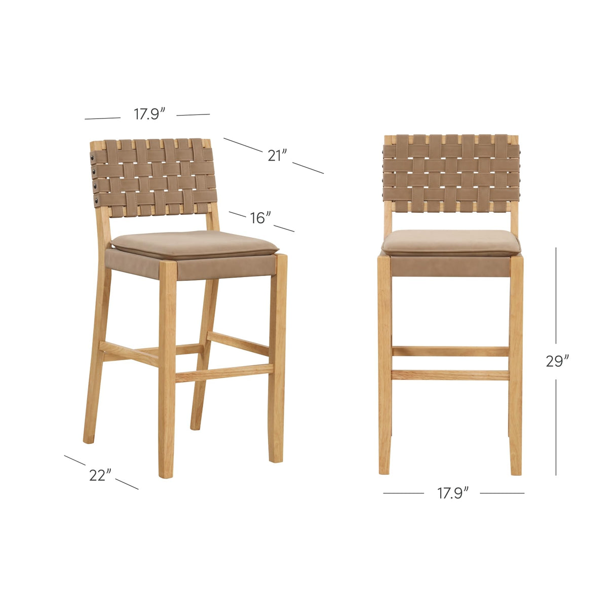 Nathan James Cohen Mid-Century Modern 29 in. Wood Bar Stool, Upholstered Faux Leather Bar Height Stool with Solid Wood Frame, Natural Brown Nathan James