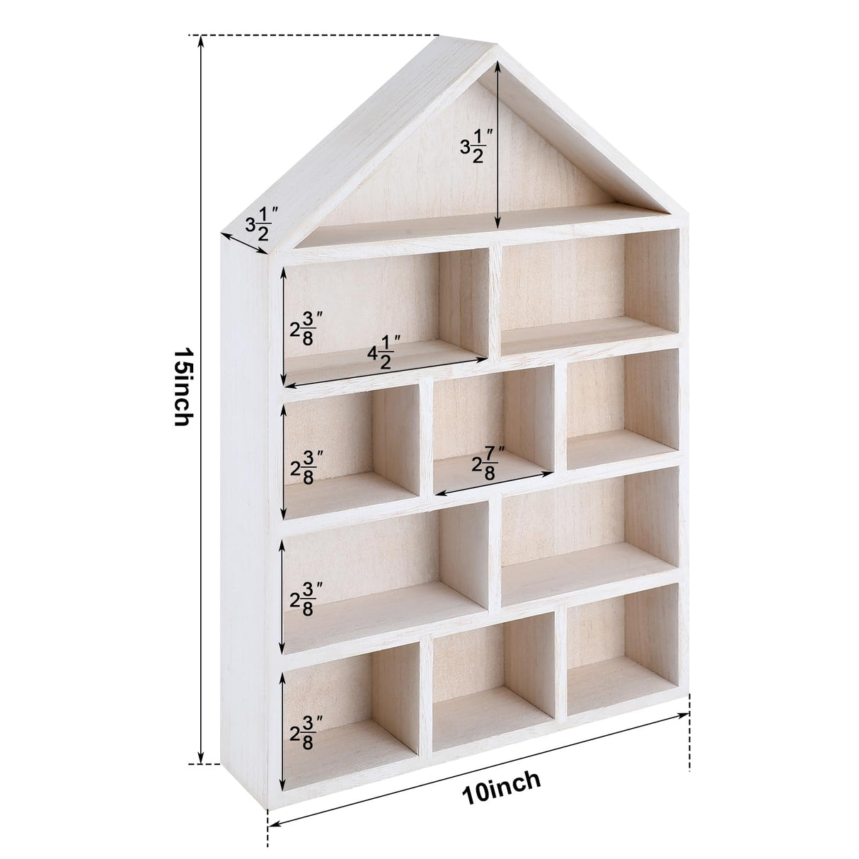Threehoney House Shaped Wooden Shadow Cubby Box 10 W x 2 1/4 D x 15 H Hanging Display Shelf Organizer Wall Mounted Curio Cabinet Wooden Display Case Miniature Shelf for Figures(Wood Color) Threehoney