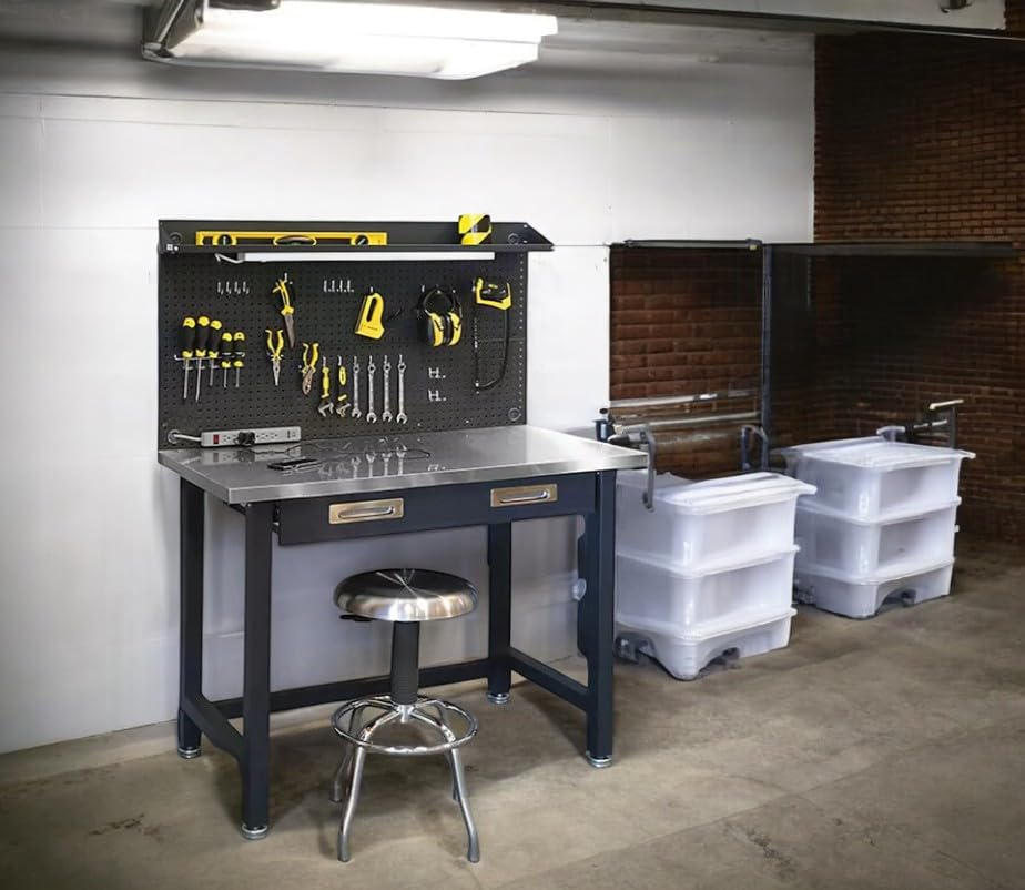 Heavy Duty Lighted Workbench with Pegboard, 48W x 24D x 65.5H inches (Graphite, Stainless Steel Top) WoodArtSupply