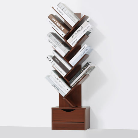 8-Tier Tree Bookshelf with Drawer, Tall Wood Bookcase for Small Spaces, Compact Floor Standing Shelf for Books, CDs & Decor, Tip-Resistant Design, Space-Saving Shelf for Living Room, Bedroom, Office LOVEWE