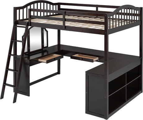 Virubi Full Loft Bed with Dresser and Mirror,Solid Wood High Loft Bed with U-Shaped Desk and Storage Drawers,Shelves,for Adults (Espresso,Full) Virubi