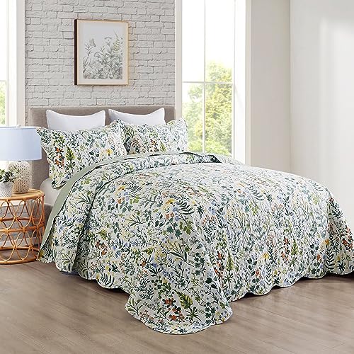 Travan 3-Piece Quilt Set Quilted Bedspread Lightweight Coverlet Set Garden Style Floral Printed Oversized Quilted Bedding Set with Shams for All Season, Exquisite, King Size Travan