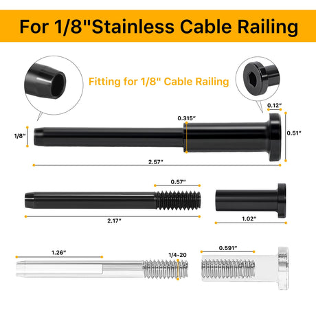 50 Pack 1/8" Black T316 Stainless Steel Invisible Cable Railing Kit，Swage Stud End for Deck, Stair, Wood & Metal Posts ，Black Cable Railing Hardware UZE