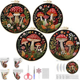 SCECALA 4 Pack Mushroom Embroidery Kit - Botanical Flower Floral Hand Embroidery Kit for Beginners with Pattern, Complete Cross Stitch Supplies DIY Craft for Adults Sewing Hobby, 1pc Hoops