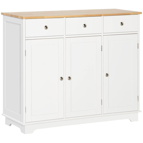 HOMCOM Sideboard with Solid Wood Countertop, Modern Kitchen Storage Cabinet, Coffee Bar Cabinet with 3 Drawers, Doors and Adjustable Shelf, White HOMCOM