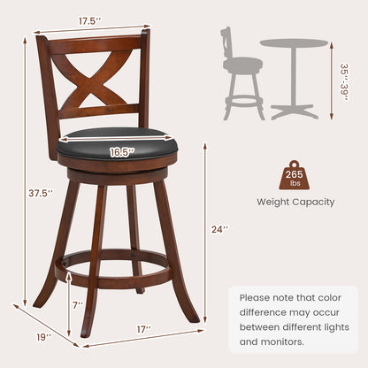 Giantex 24” Bar Stools Set of 4, 360° Swivel Counter Height Stools with Back, Solid Rubber Wood Frame, Leather Padded Seat, Vintage Upholstered Armless Farmhouse Barstools for Kitchen Island  - WoodArtSupply