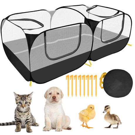 SlowTon Small Animals Playpen, Portable Large Chicken Run Coop with Detachable Bottom Breathable Transparent Mesh Walls, Foldable Pet Enclosure for Puppy Kitten Rabbits Indoor Outdoor SlowTon