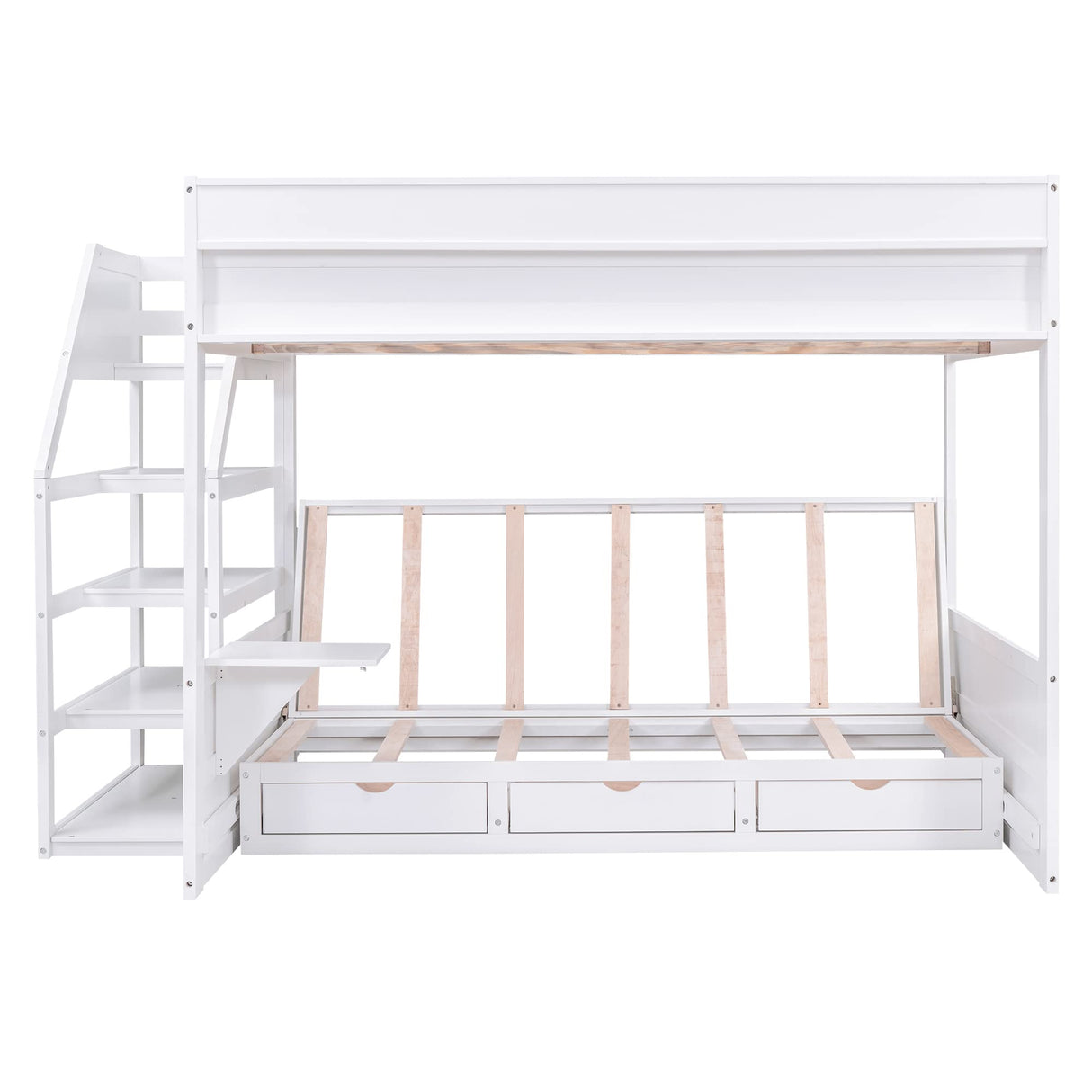 Futon Bunk Beds with Stairs,Full Over Full/Futon Bunk Beds with 3 Storage Drawers & Small Table,Bottom Bed Can Be Converted Into Daybed,Wood Full Loft Bed Frame for Kids Teens,White Harper & Bright Designs