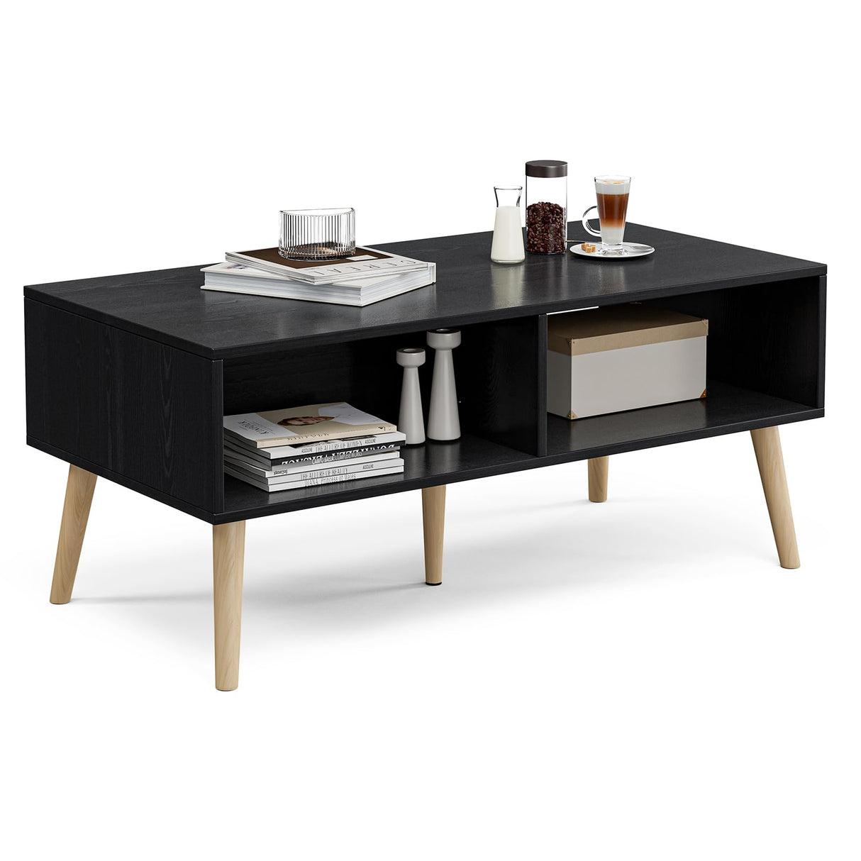 ZttRiee Wood Coffee Table with Storage, Boho Dining Table with Rattan Drawer and Solid Wood Legs, Small Coffee Tables for Living Room, Black ZttRiee