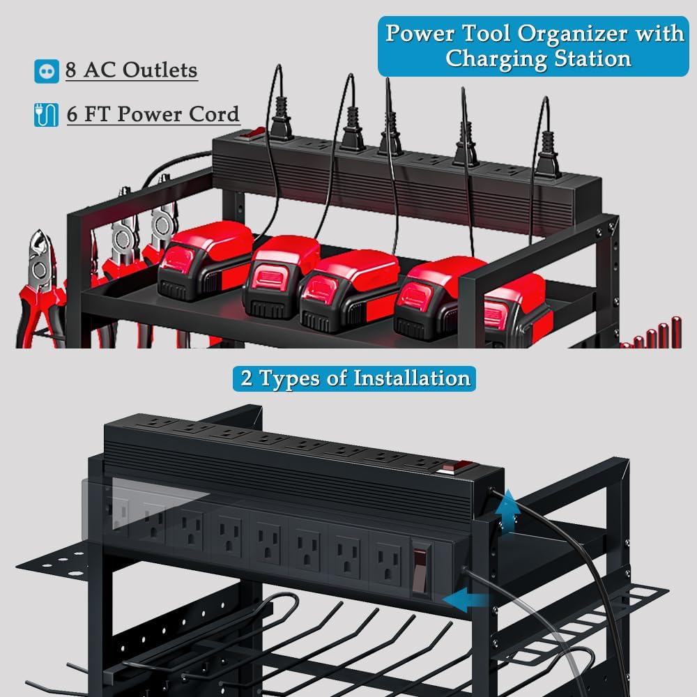 INGIORDAR Large Power Tool Organizer Cart with Charging Station, Garage Floor Standing Rolling Drill and Tools Battery Storage Cart on Wheels, Heavy Duty Utility Rack Shelf for Men, Husband, Father. INGIORDAR