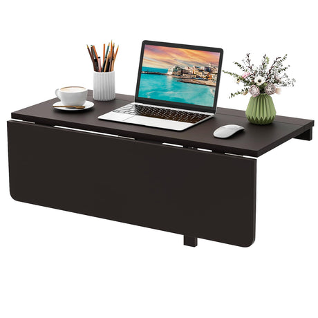 Giantex Wall Mounted Folding Table, 31.5" x 23.5" Wood Murphy Desk Drop-Leaf Table, Space Saving Foldable Floating Desk, Wall Desk Fold Down for Small Spaces, Study, Bedroom, Bathroom (Brown) Giantex