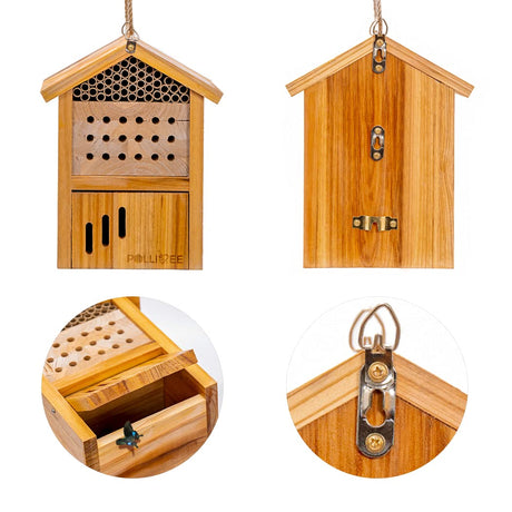 Mason Bee House - Wax Coated Waterproof Hotel for The Garden, Natural Handmade Wooden Home, Attracts Peaceful Pollinators, Native Habitat POLLIBEE