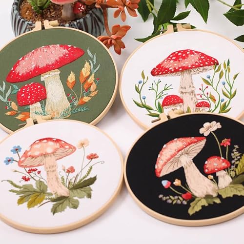artcici Embroidery Kits Plant Mushroom Patterns for Beginners Adults, Full Range Embroidery Starter Kits Cross Stitch Needlework Supplies (Green)