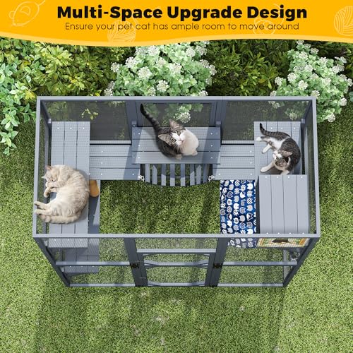 COZIWOW 72Inches Large Wood Catio Outdoor Cat Enclosure with Waterproof Roof, Multi-Level Cat House for 2-3 Cats, Spacious Perches, Hammock, and Scratching Post（Grey Fashion Pattern） COZIWOW