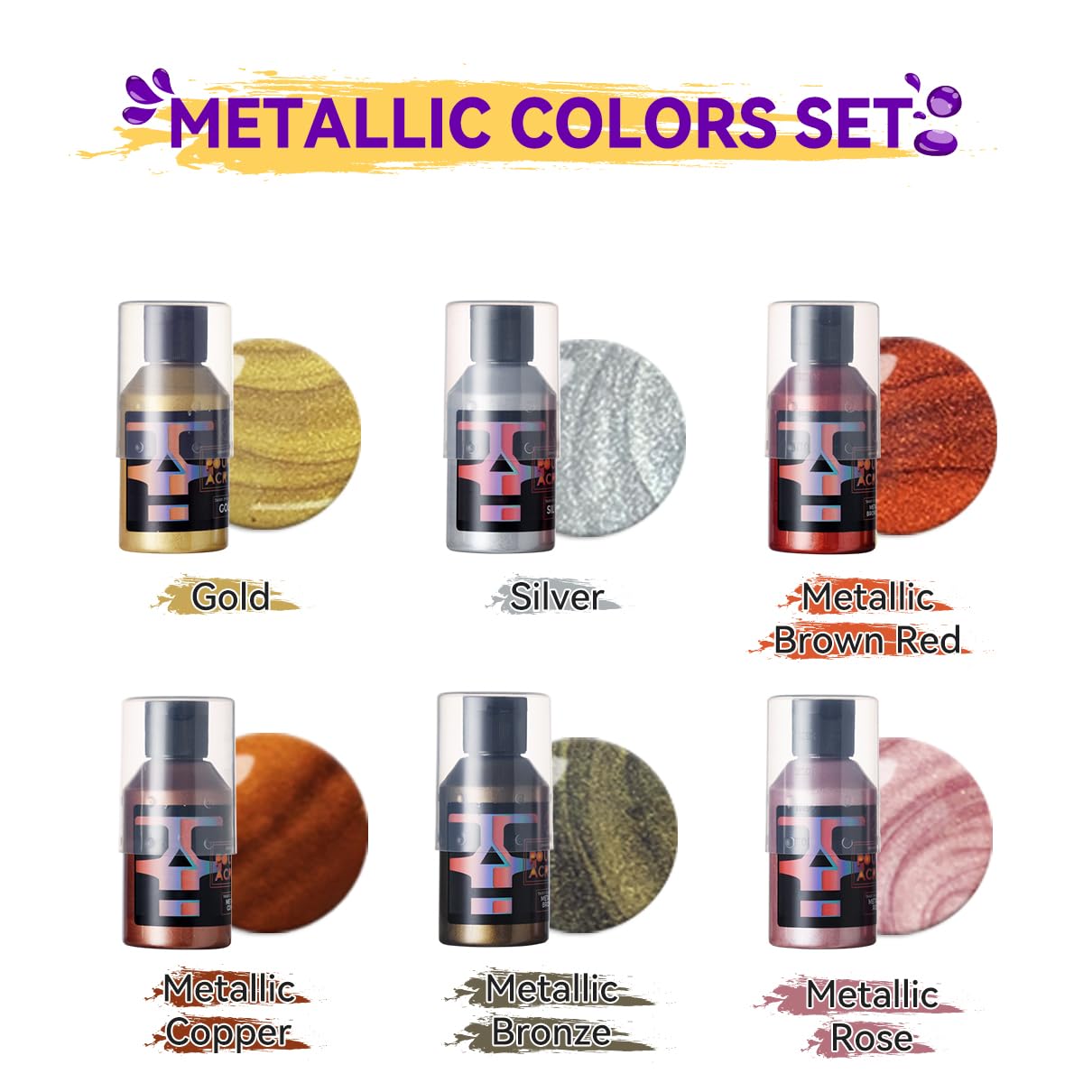 OPHIR Metallic Acrylic Pouring Paint Set,3.8OZ/Bottle,Premixed Metallic Pour Paint Gold,Silver,Copper,Bronze,High Flow Water-Based Acrylic Pour Paint Supplies for Pouring on Canvas,Wood,Rocks,6 Colors OPHIR